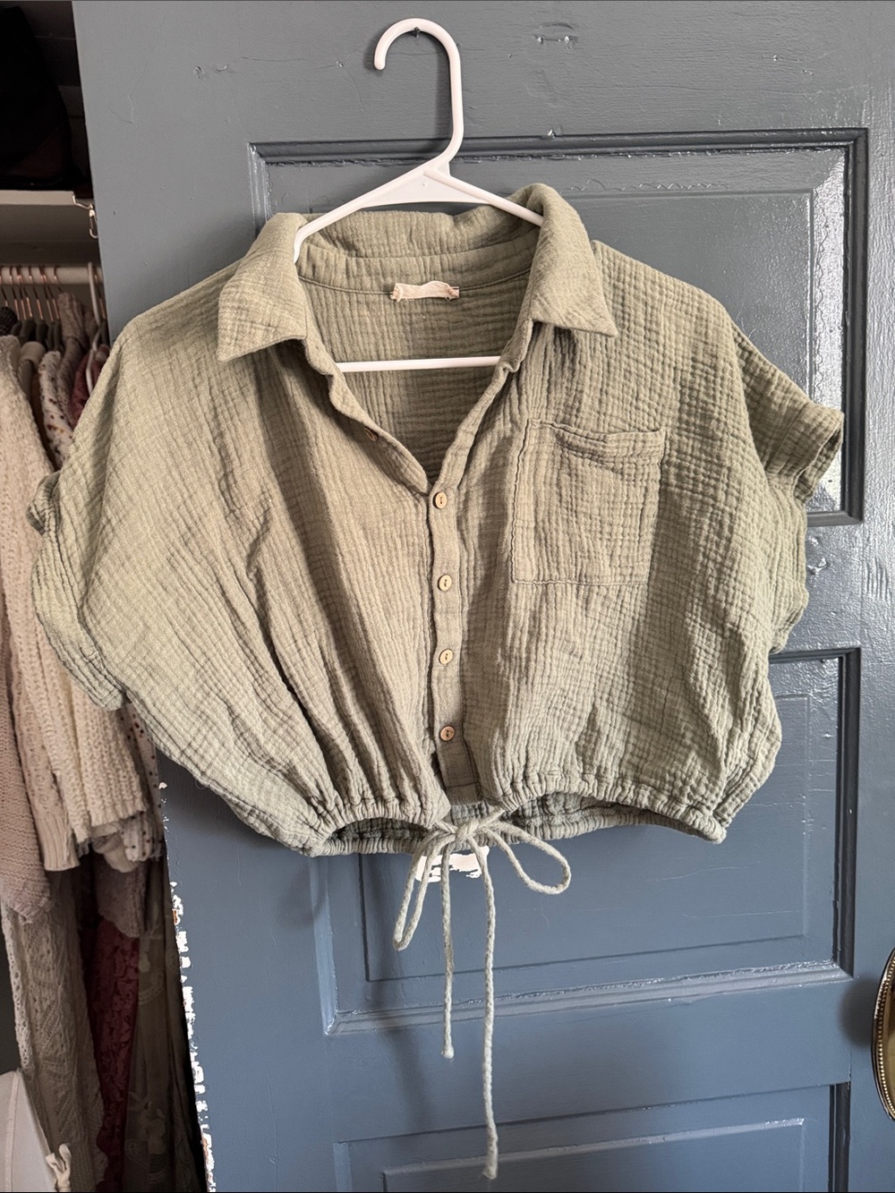 Altar'd State Olive Green Cropped Button-Down Drawstring Shirt